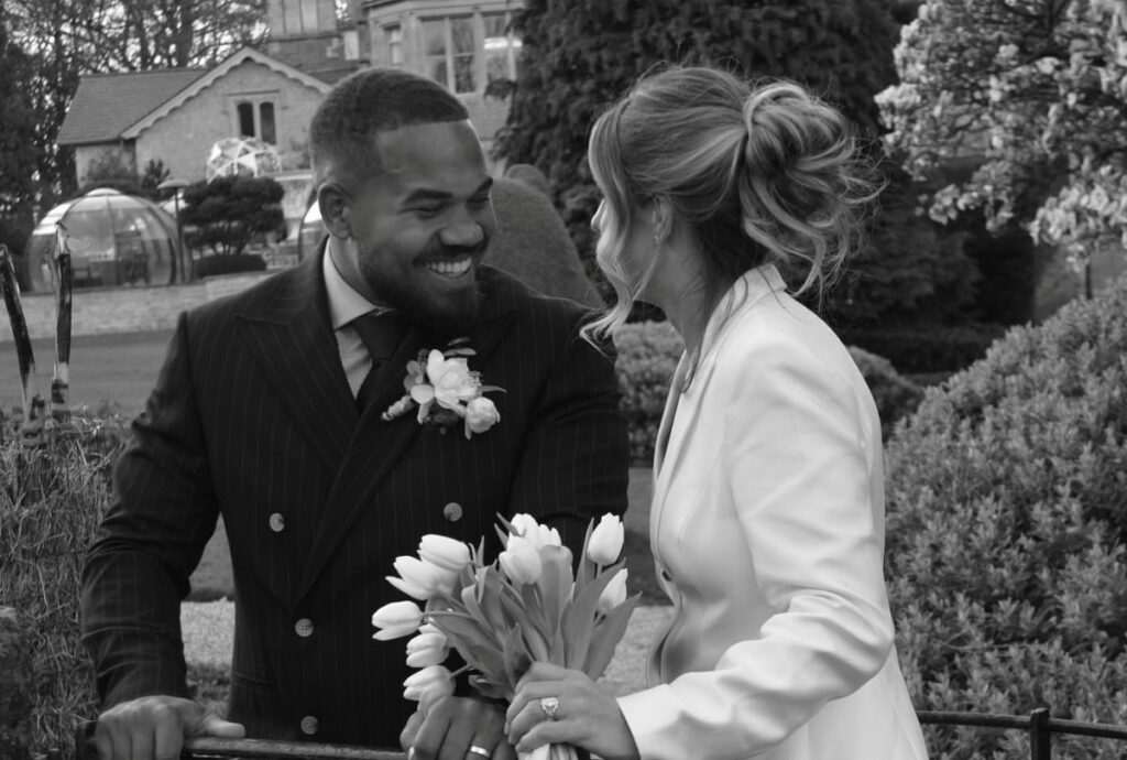 Ollie Lawrence and his wife Emily Morrison on their wedding day