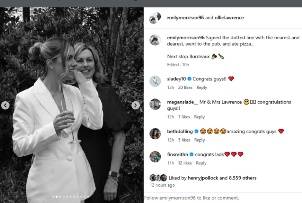 Ollie Lawrance and his wife Emily Morrison on their wedding day