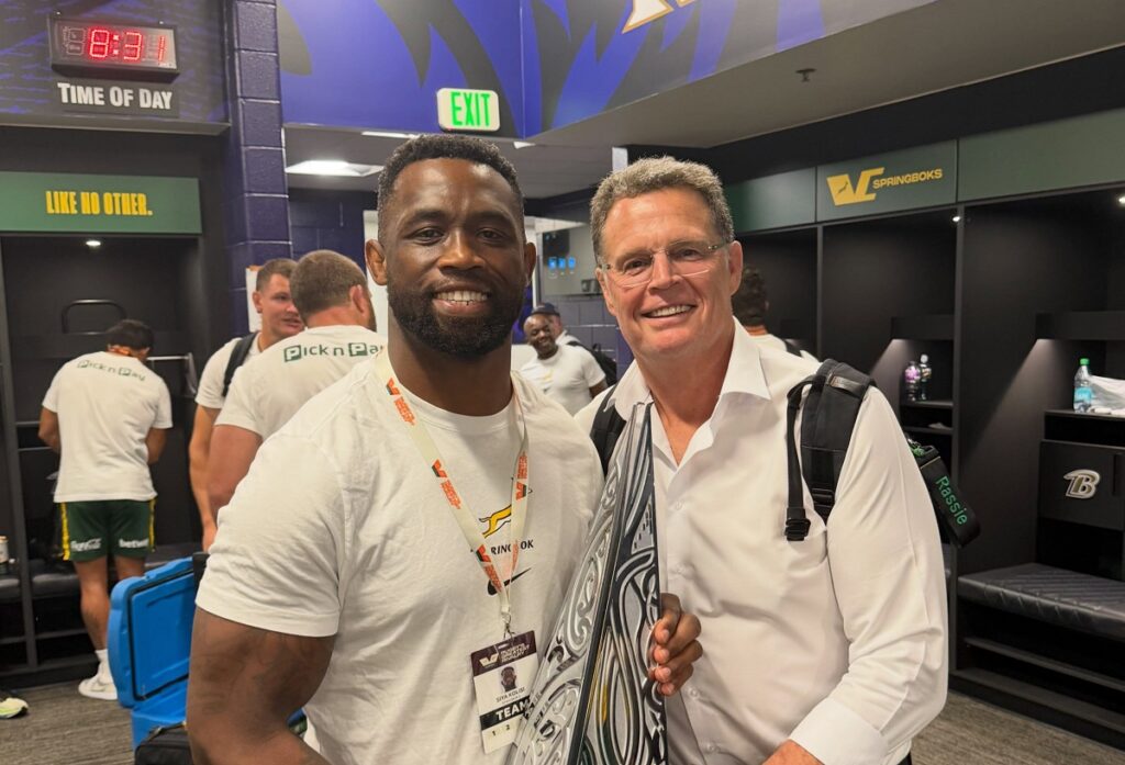 Siya Kolisi and Rassie Erasmus before going bald